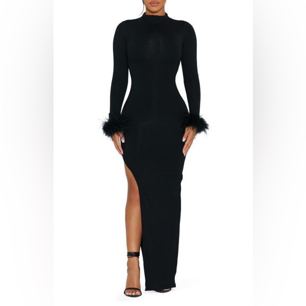 Naked Wardrobe Black Feather Maxi Dress w/ Slit